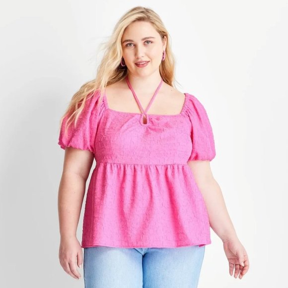NWT - Women's 3X Square Tie Neck Puffed Short Sleeve Top - Future Collective - Picture 1 of 5